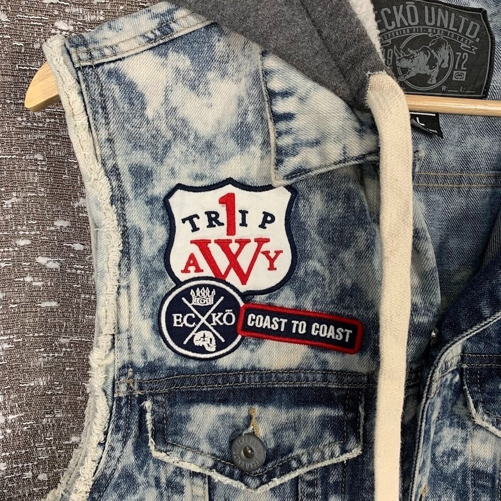 Ecko Unltd Acid Wash Denim Hooded Vest Hip Hop Y2K Streetwear Men's Large - Picture 2 of 8
